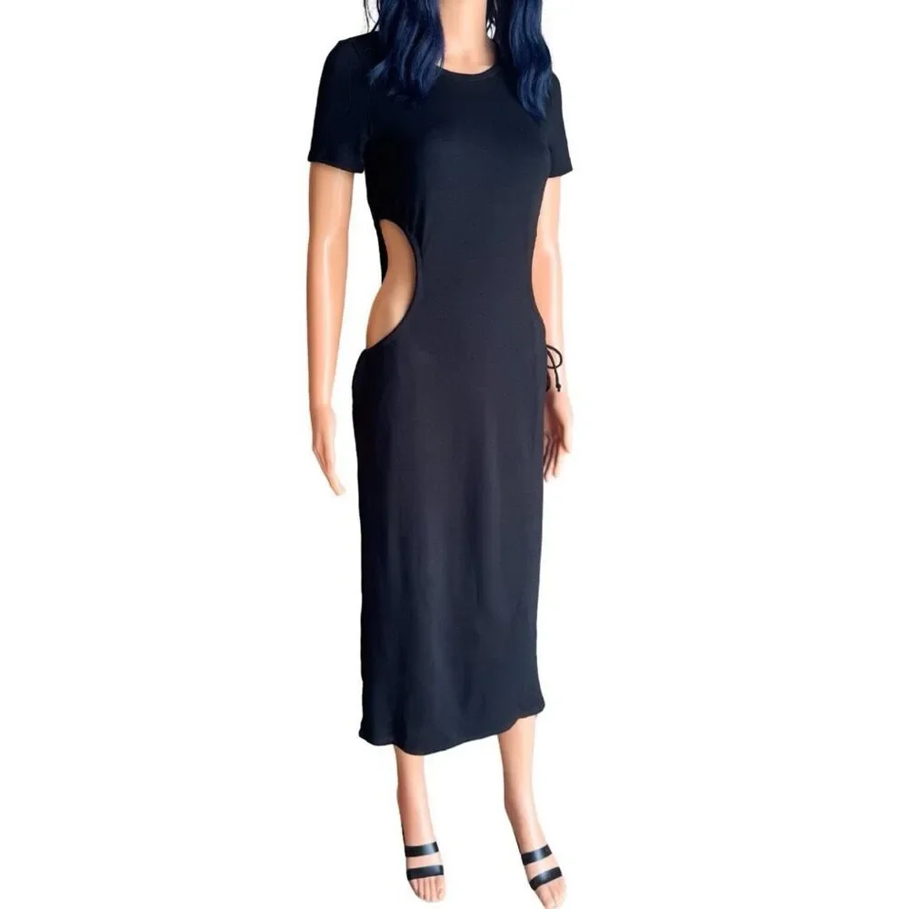 NWT FORE Dress Small Black Side Cutout Midi Short Sleeve Tie Waist Party Club